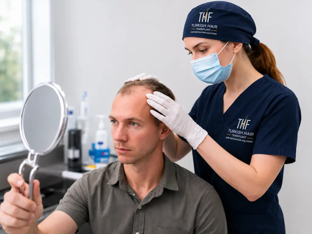 Hair transplant consultation at Turkish Hair Factory in Tijuana, Mexico, with a specialist evaluating a patient’s hairline and scalp while reviewing potential hair restoration results.