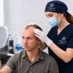 Hair transplant consultation at Turkish Hair Factory in Tijuana, Mexico, with a specialist evaluating a patient’s hairline and scalp while reviewing potential hair restoration results.