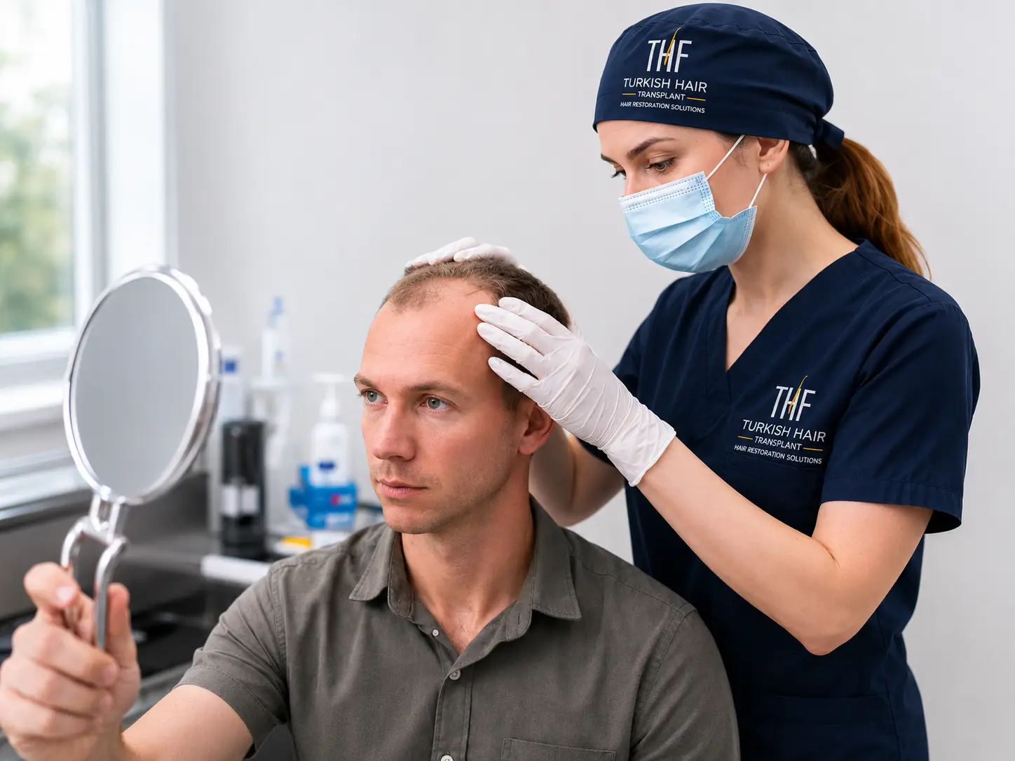 Hair transplant consultation at Turkish Hair Factory in Tijuana, Mexico, with a specialist evaluating a patient’s hairline and scalp while reviewing potential hair restoration results.