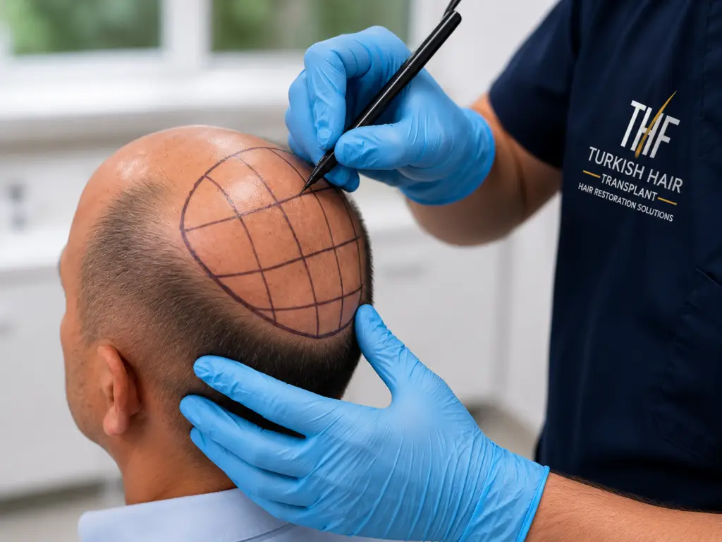 Hair transplant treatment planning at Turkish Hair Factory in Tijuana, Mexico, showing a specialist mapping the recipient area and designing graft placement for natural hair restoration results.