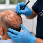 Hair transplant treatment planning at Turkish Hair Factory in Tijuana, Mexico, showing a specialist mapping the recipient area and designing graft placement for natural hair restoration results.