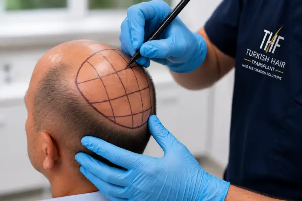 Hair transplant treatment planning at Turkish Hair Factory in Tijuana, Mexico, showing a specialist mapping the recipient area and designing graft placement for natural hair restoration results.