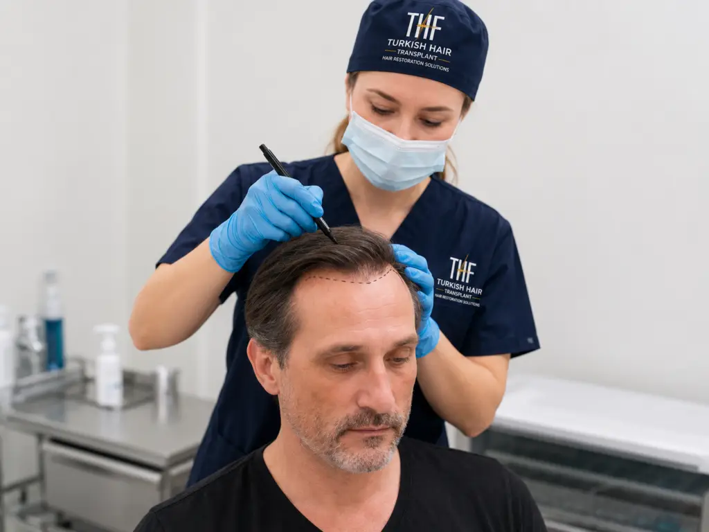 Hair transplant specialist at Turkish Hair Factory performing a scalp evaluation and hair restoration consultation before a personalized FUE or DHI hair transplant procedure in Tijuana, Mexico.