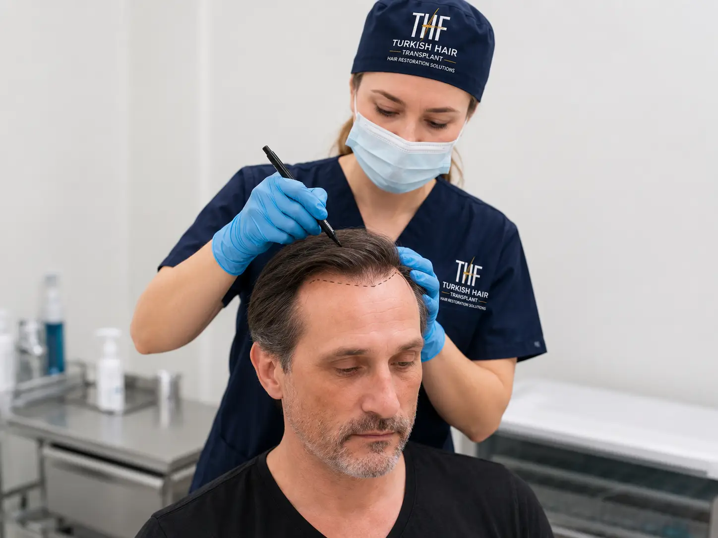 Hair transplant specialist at Turkish Hair Factory performing a scalp evaluation and hair restoration consultation before a personalized FUE or DHI hair transplant procedure in Tijuana, Mexico.
