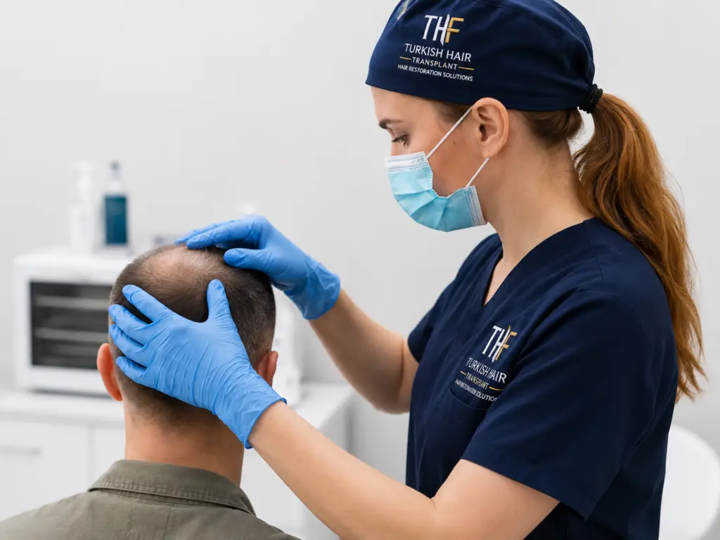 Hair transplant specialist at Turkish Hair Factory performing a donor area and scalp assessment before a customized FUE or DHI hair restoration procedure in Tijuana, Mexico.