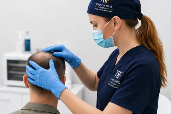 Hair transplant specialist at Turkish Hair Factory performing a donor area and scalp assessment before a customized FUE or DHI hair restoration procedure in Tijuana, Mexico.