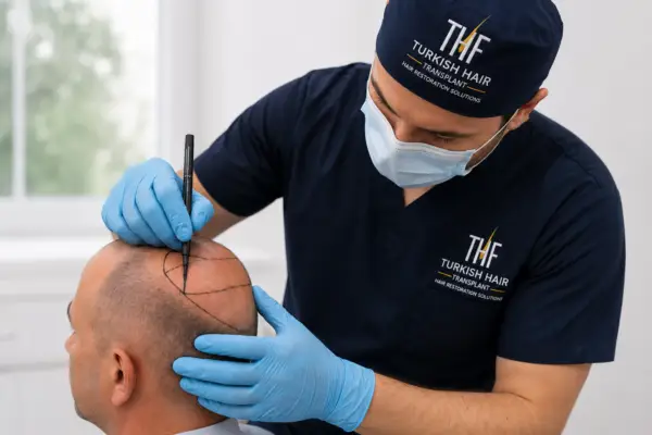 Hair transplant specialist at Turkish Hair Factory marking a patient’s scalp for a personalized hair restoration procedure in Tijuana, Mexico.