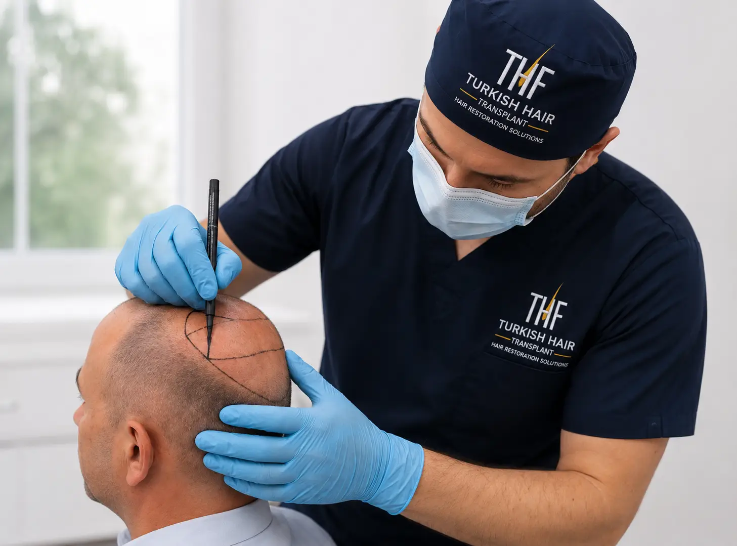 Hair transplant specialist at Turkish Hair Factory marking a patient’s scalp for a personalized hair restoration procedure in Tijuana, Mexico.