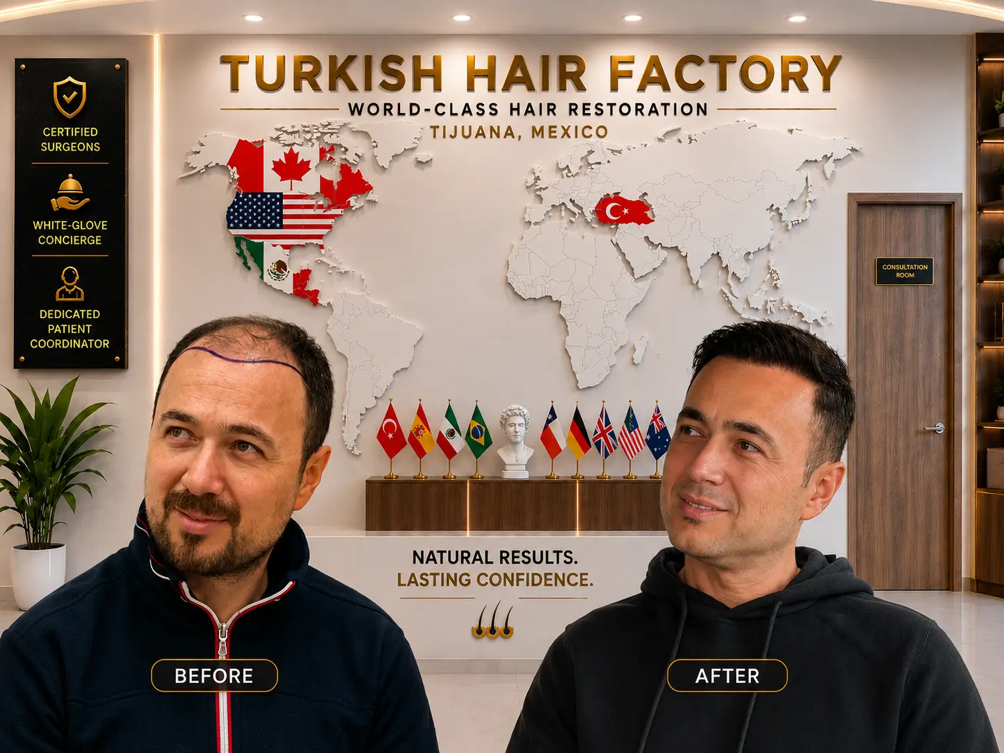 Direct Hair Implantation (DHI) hair transplant procedure performed by certified surgeons at Turkish Hair Factory in Tijuana, Mexico, creating natural hairline restoration and high-density hair growth results.