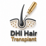 3D DHI Hair Transplant logo featuring a Direct Hair Implantation tool and implanted hair follicle representing advanced hair restoration technology at Turkish Hair Factory in Tijuana, Mexico.