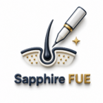 3D Sapphire FUE Hair Transplant logo featuring a sapphire blade extraction tool and hair follicle representing advanced Sapphire FUE hair restoration technology at Turkish Hair Factory in Tijuana, Mexico.